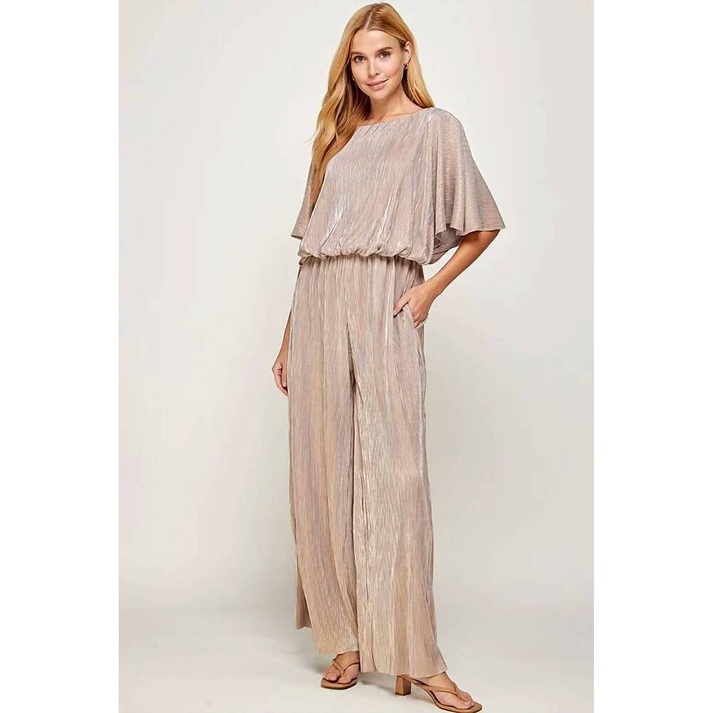 NEW SEE AND BE SEEN metallic pleats jumpsuit in rose gold